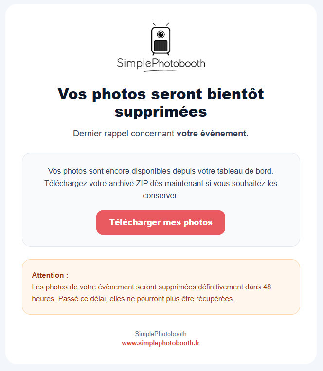 Mail de rappel avant suppression de l’évènement