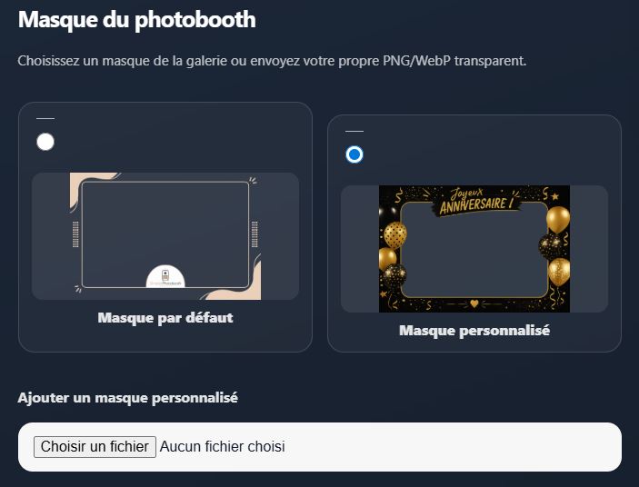 Sélection du masque depuis la page paramètres